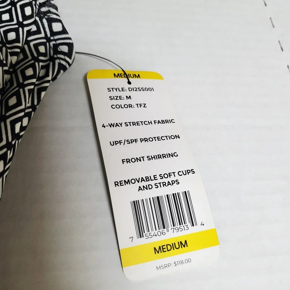 DKNY Womens Medium Geometric Diamond Print One Piece Swimsuit Black White NEW - Picture 4 of 7